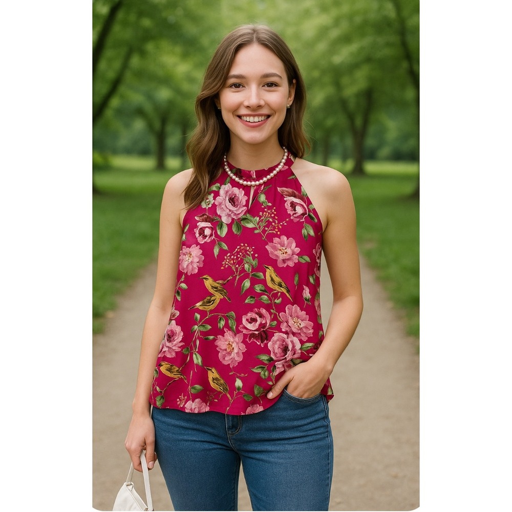 Floral Halter Top Women's Sleeveless Blouse Birds Print Pink Roses Wimsigoth L